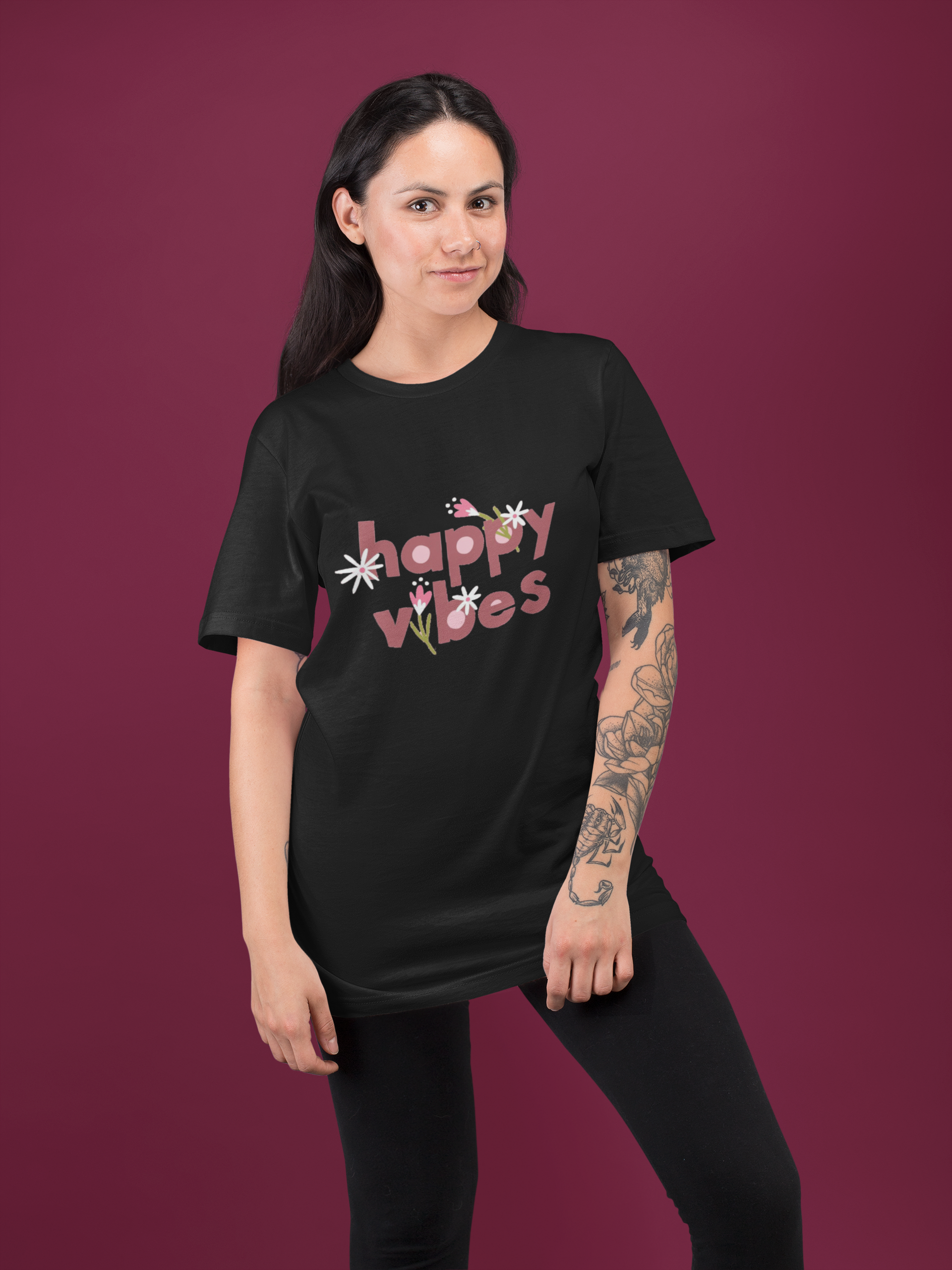 "Happy Vibes" Stylish Black Graphic T-shirt for Women – Summer 2025 Collection | Bold Prints, Comfort Fit & Streetwear Vibes 🌞